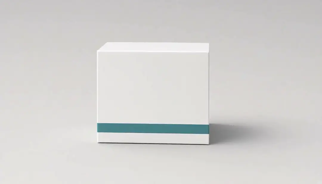 Plain white box with a teal stripe facing the camera on a light grey background