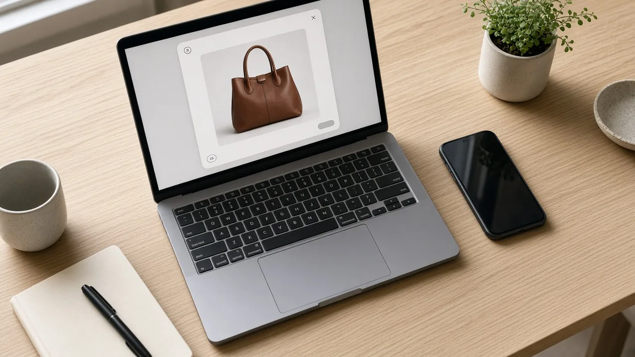 Laptop on a desk showing a handbag photo ready to upload