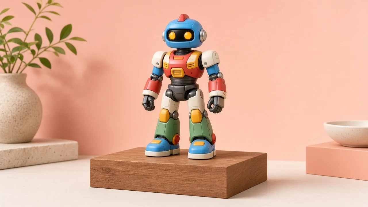 Colorful toy robot figure on a wooden pedestal against a peach wall