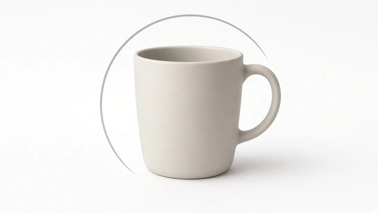 Matte ceramic mug on a white studio backdrop with a thin grey orbit arc