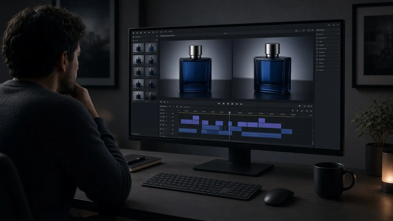 Editor comparing perfume-bottle turn frames on a large monitor
