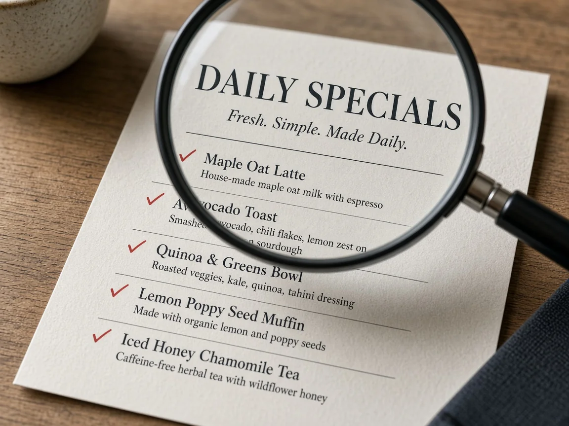 Magnifying glass over a DAILY SPECIALS menu poster with checkmarks beside each readable line