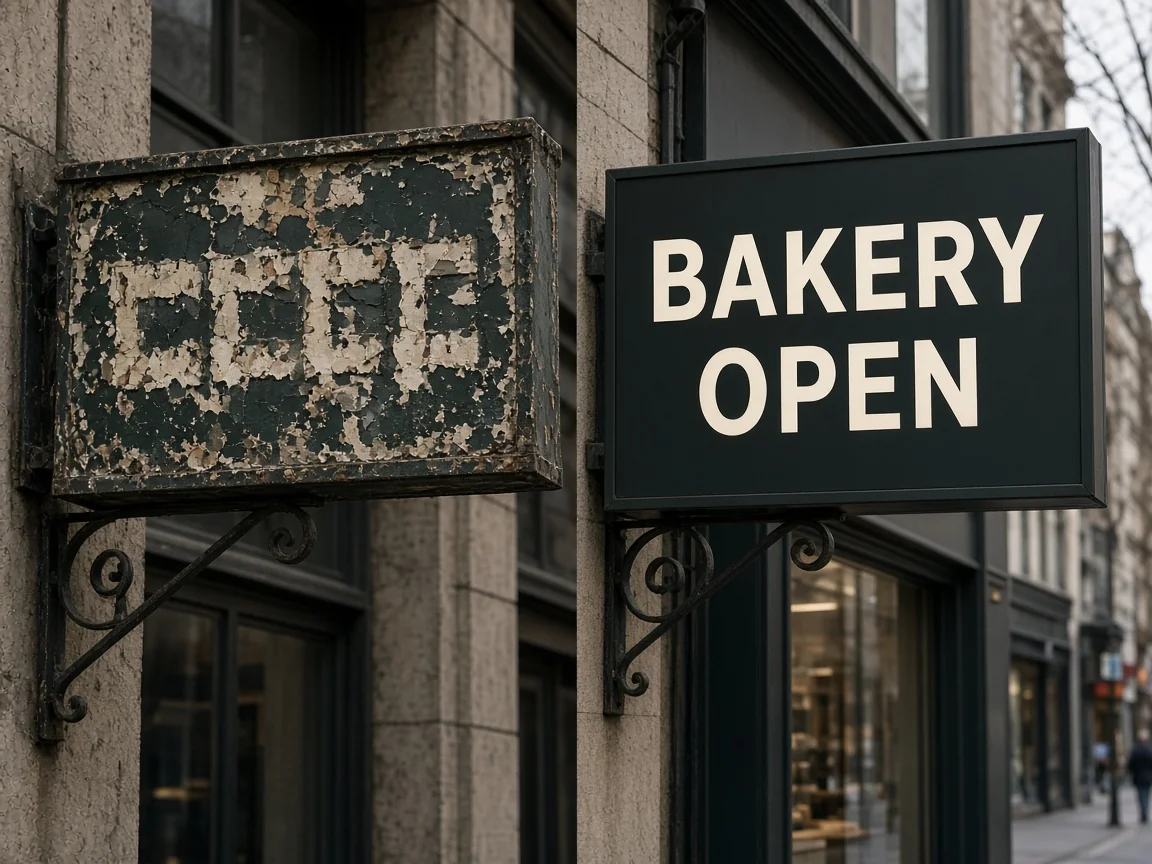 Two shop signs side by side: left with unreadable lettering, right with clear BAKERY OPEN text