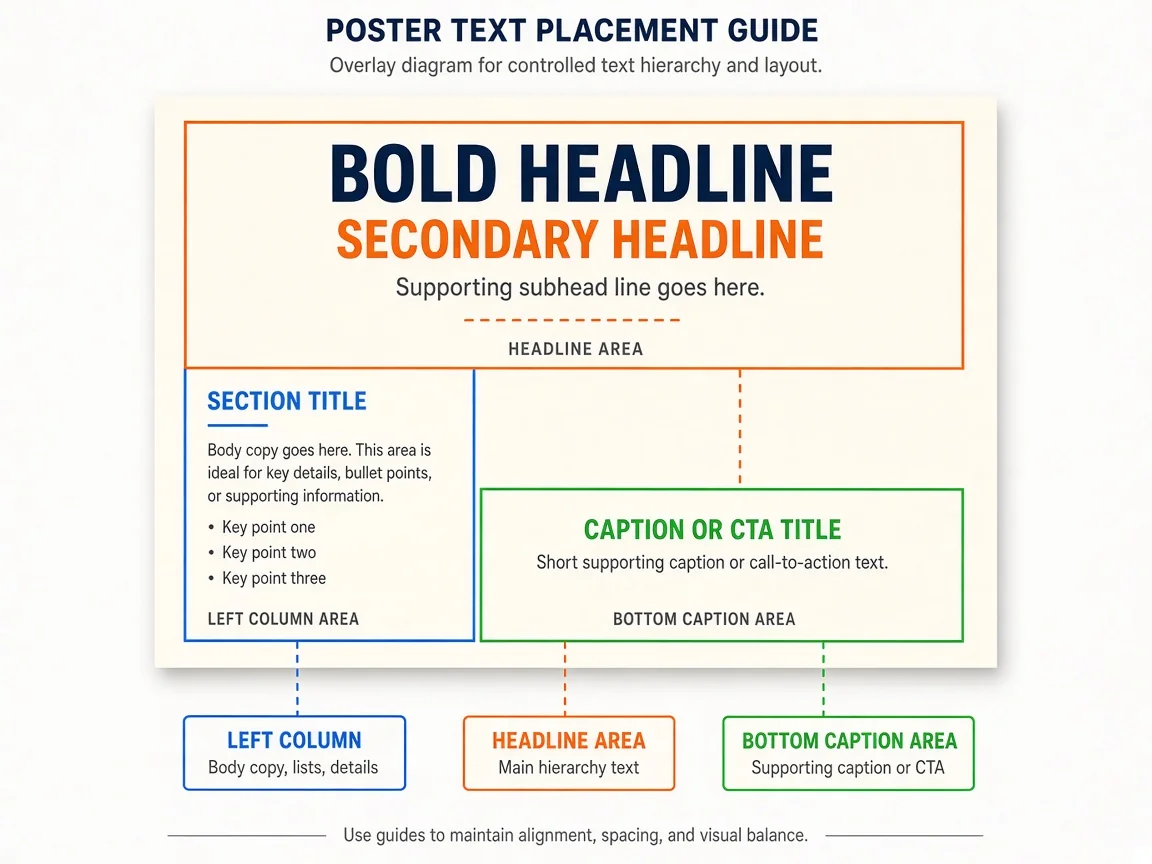 Poster layout guide with colored bounding boxes over headline, left column and bottom caption zones