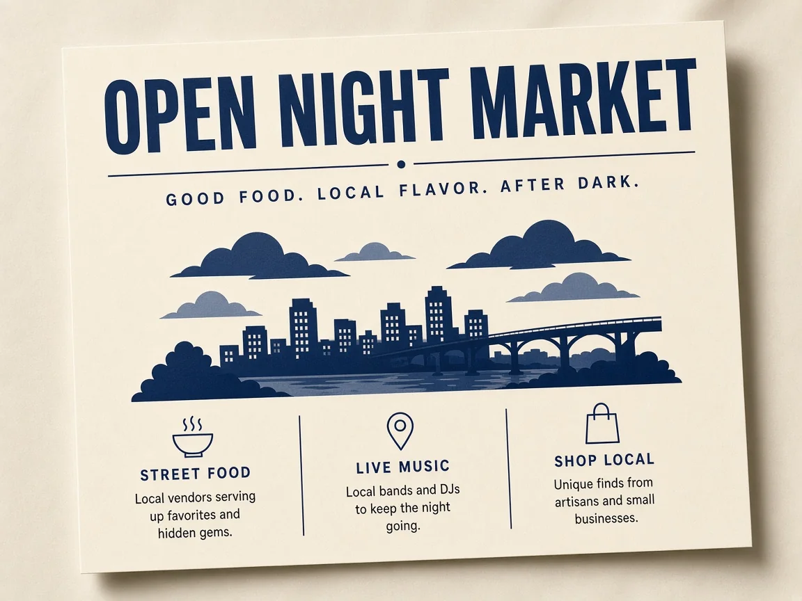 Cream night-market poster with bold OPEN NIGHT MARKET headline and three labeled columns for food, music and shopping