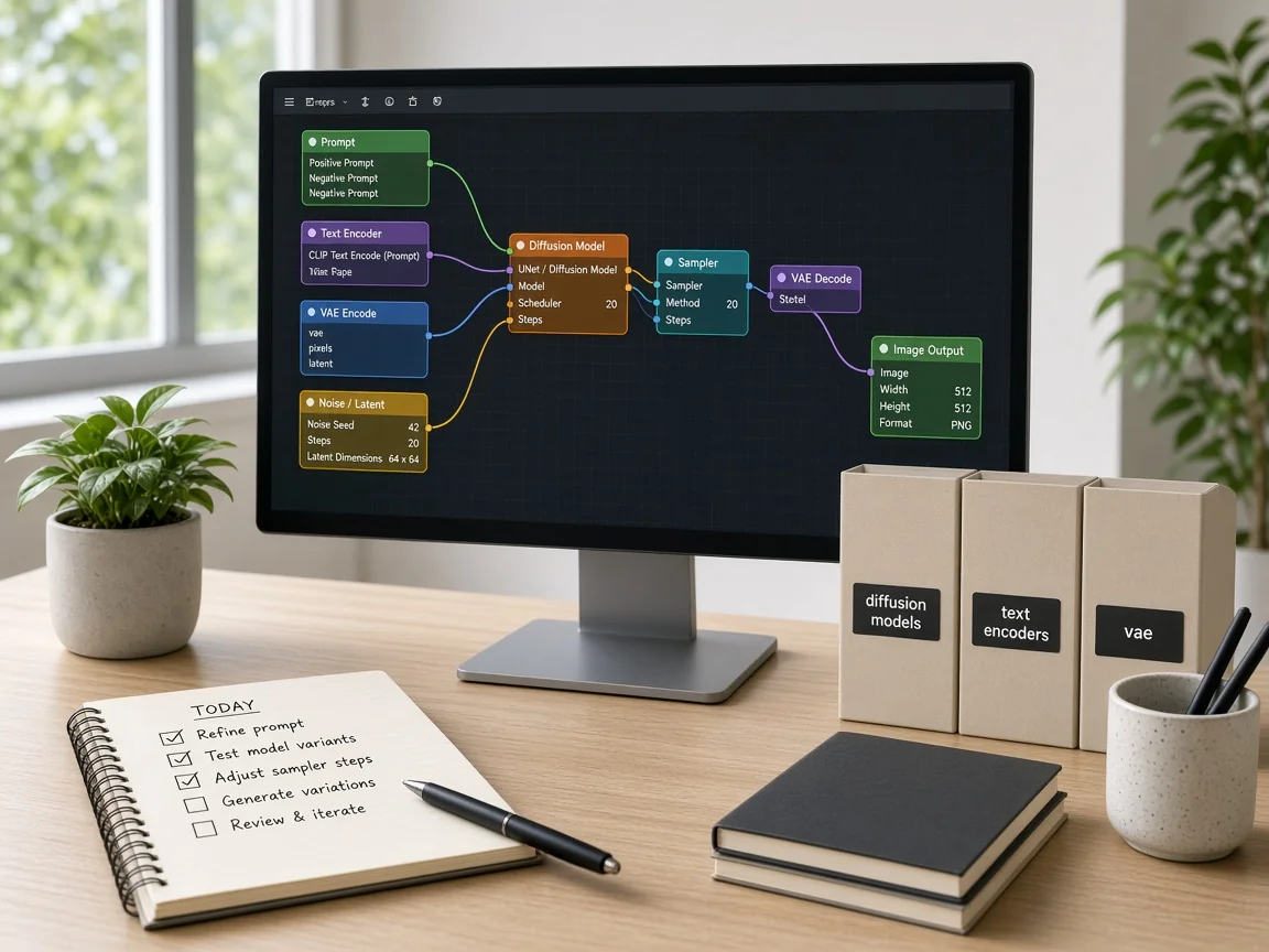 Desk with a monitor showing a node graph and folders labeled diffusion models, text encoders and vae