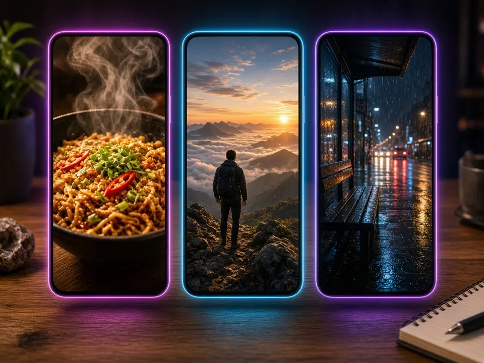 三部手机竖屏画面:食物特写、日出登山、雨夜街景