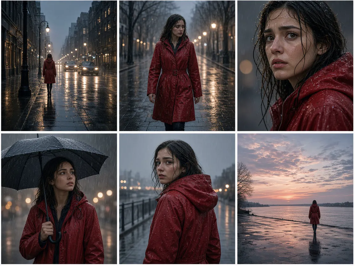 Illustrated six-shot storyboard of a short rainy-night drama with one character