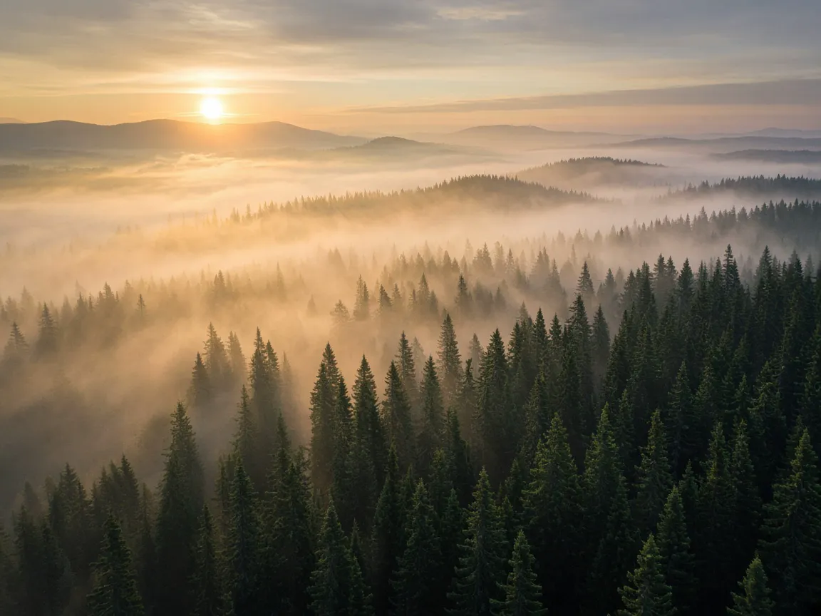 Illustration of a misty pine forest at sunrise seen from the air
