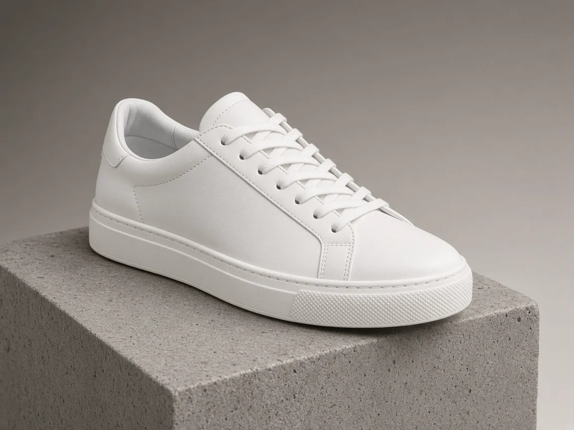 Illustration of a white sneaker on a gray stone block in soft studio light
