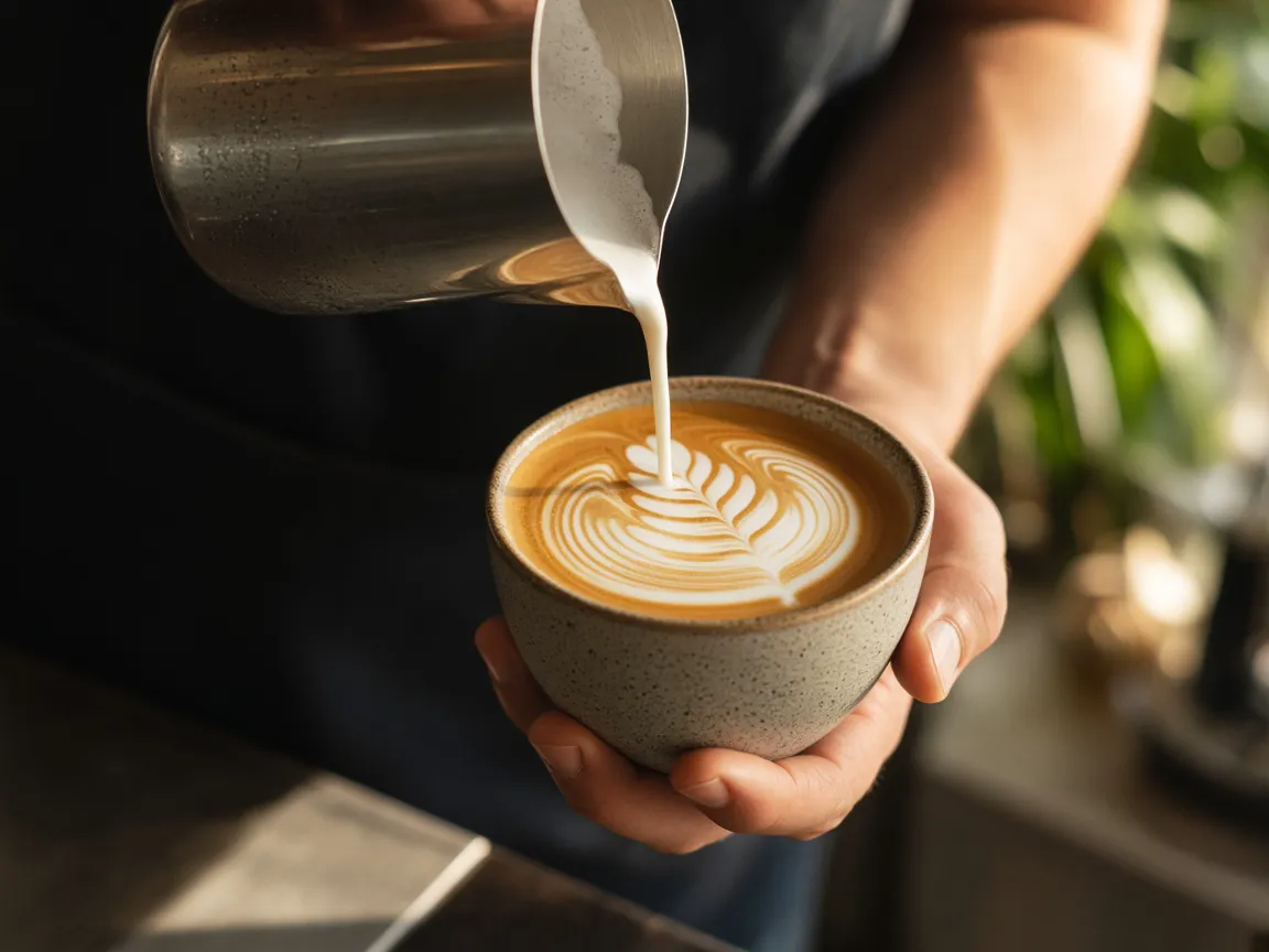 Illustration of a barista pouring latte art in a sunny cafe