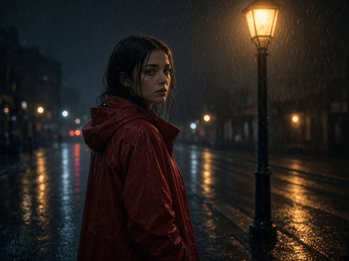 Illustration of a young woman in a red raincoat looking back under a streetlight on a rainy night