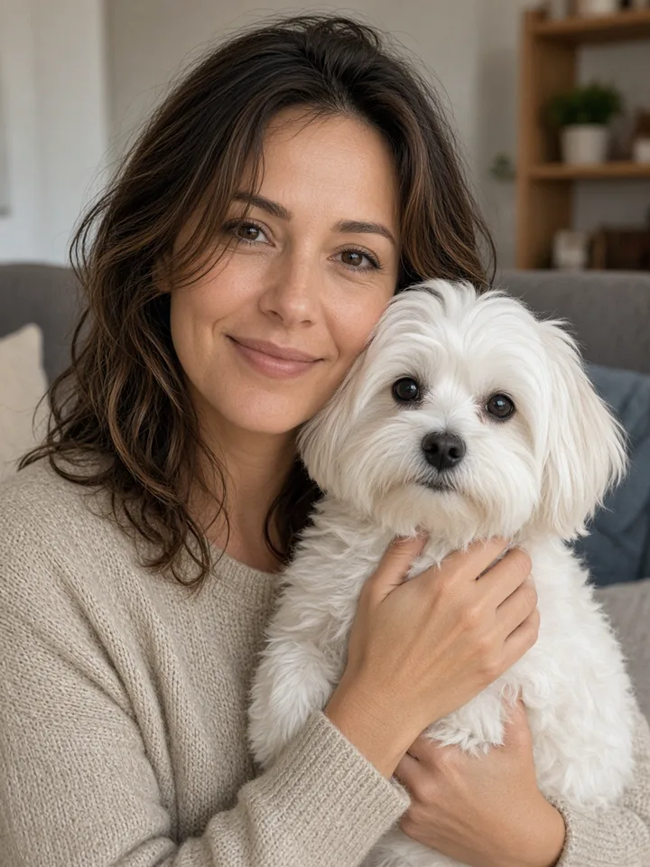 Adult owner holding a small white dog for a pet-and-owner pet rap video setup