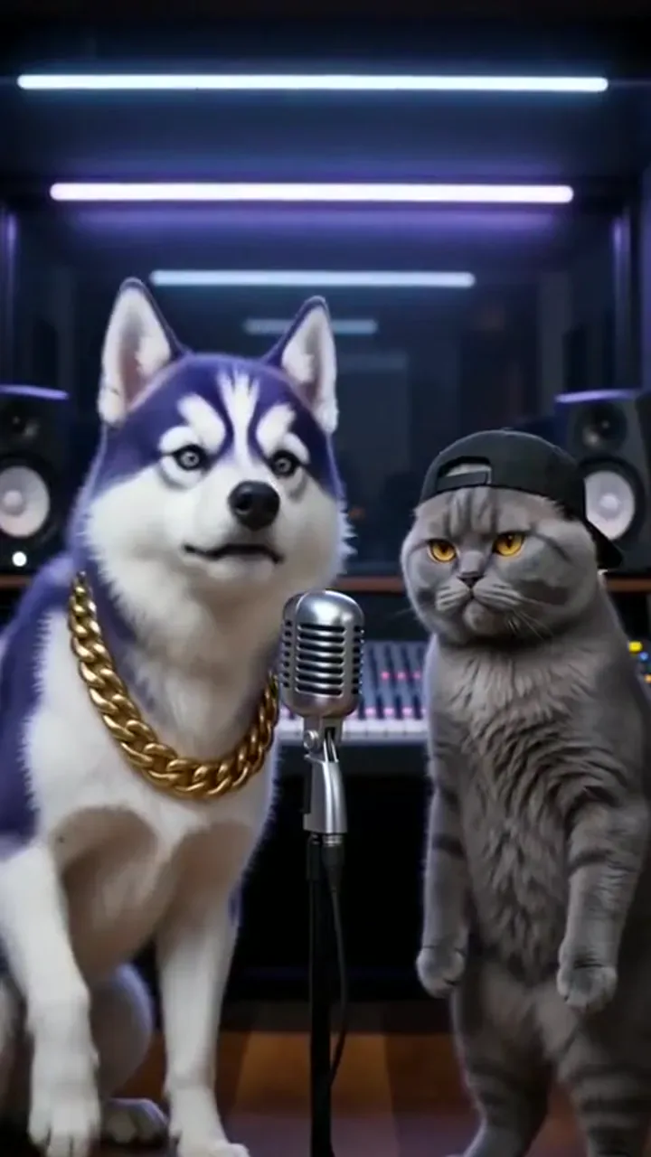 Example cast: husky and cat duo pet rap video frame