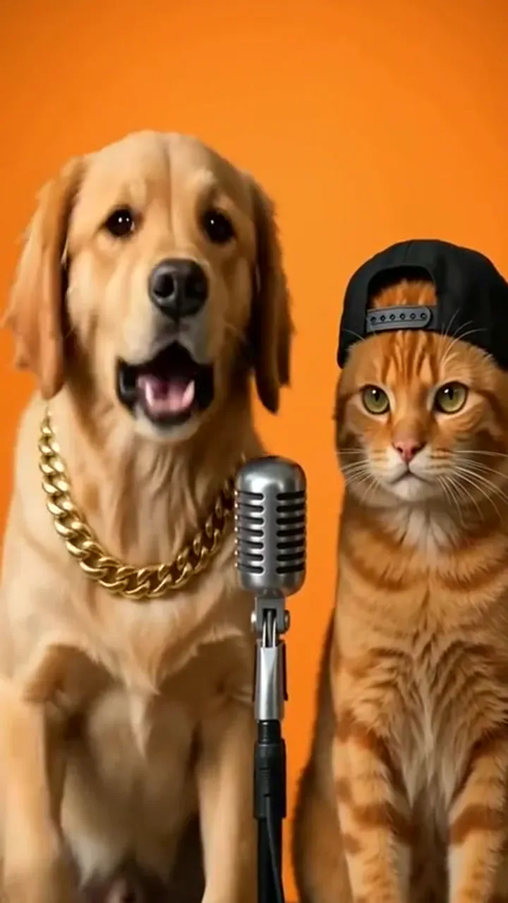 Reviewed golden retriever performance still from a pet rap video draft