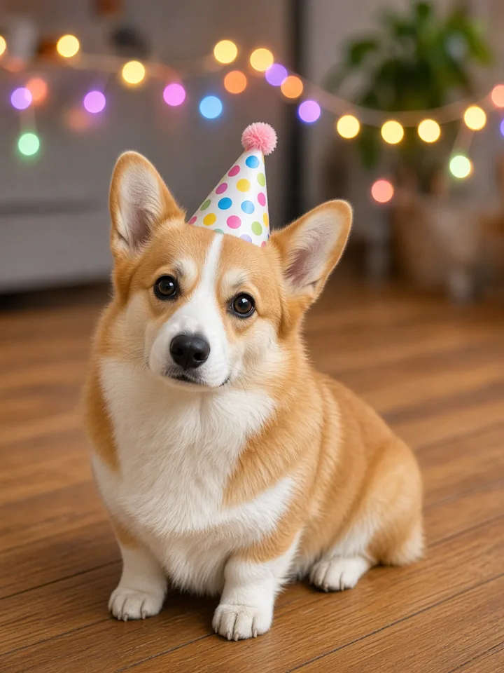 Corgi with a party hat under string lights for a festive pet rap video