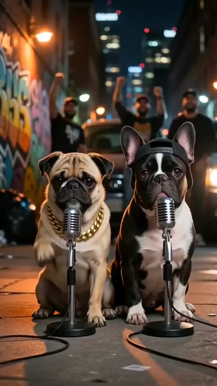 Pug and French bulldog on a street-night alley stage for a pet rap video