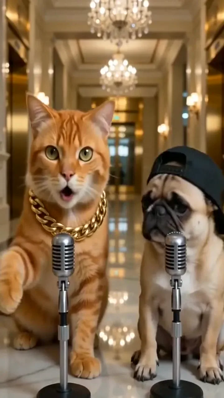 Cat and pug performing in a lobby-inspired hallway for a pet rap video