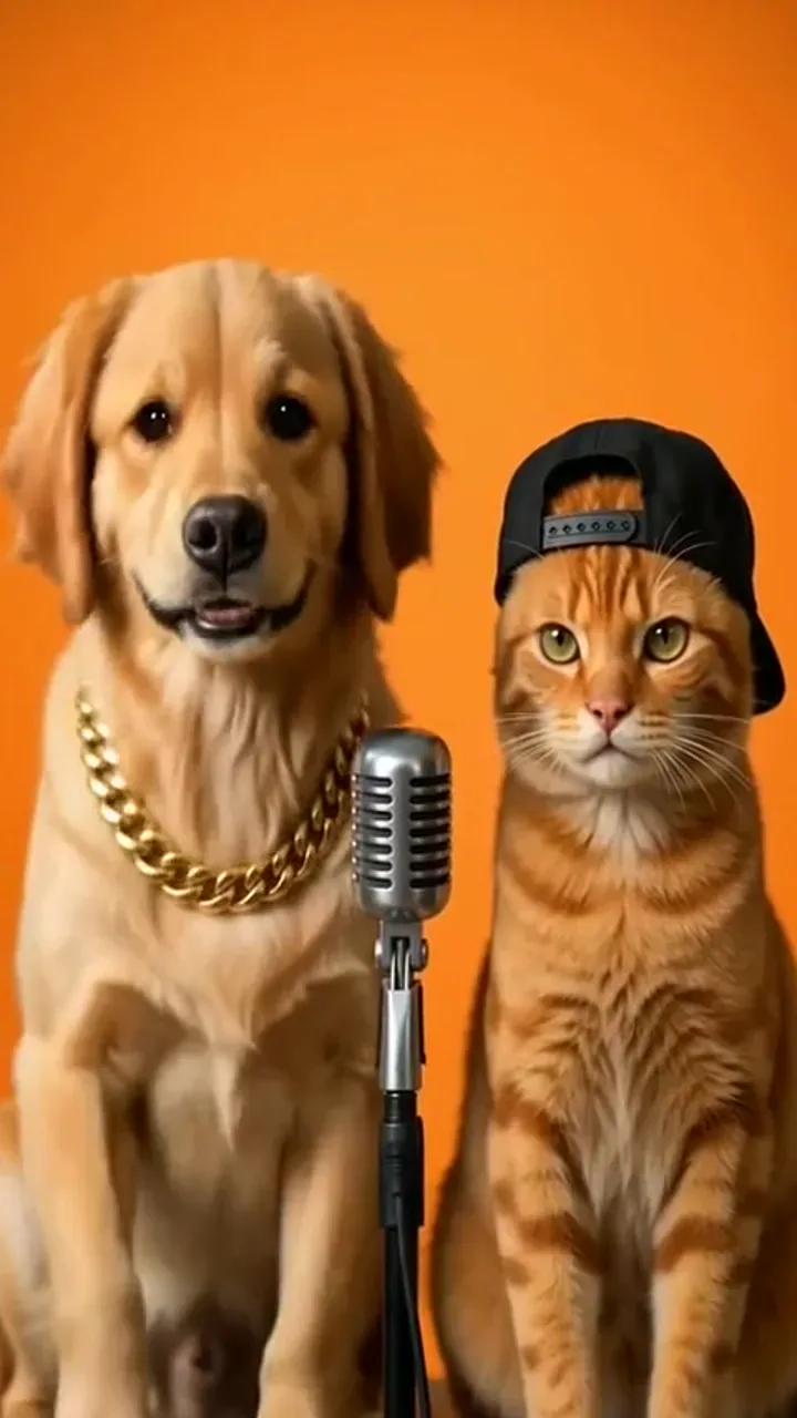 Golden retriever and tabby cat assigned left and right for a pet rap video