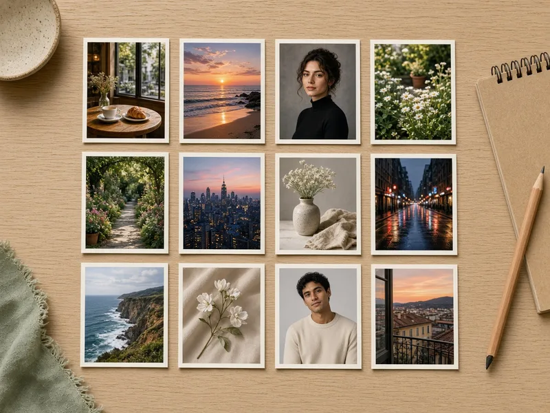 Printed portrait style cards laid out in a grid on a desk