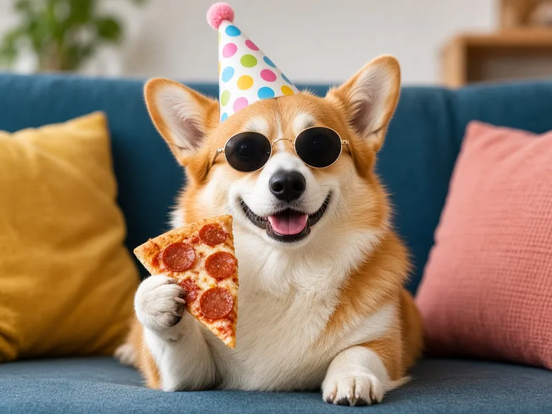 Corgi in sunglasses and a party hat holding pizza
