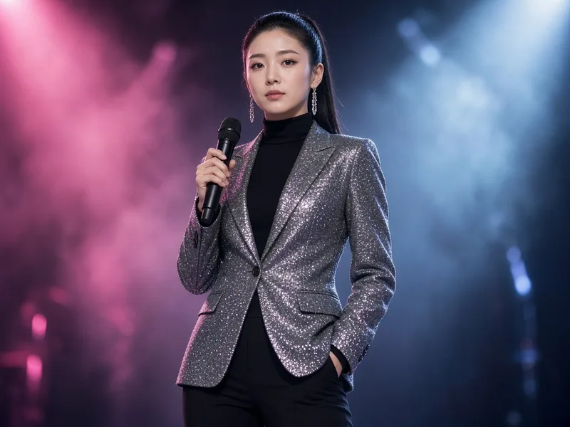 Performer in a sparkly blazer on a pink and blue lit stage