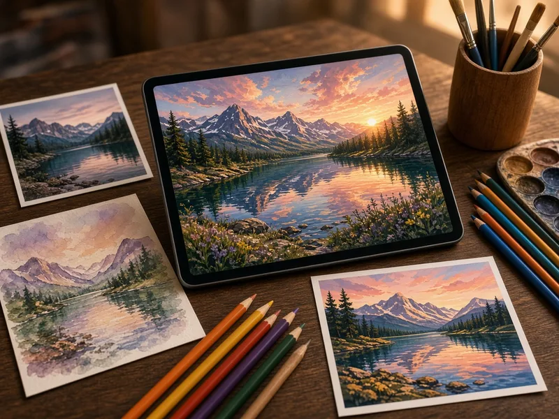 Tablet showing a lake landscape beside prints in several art styles