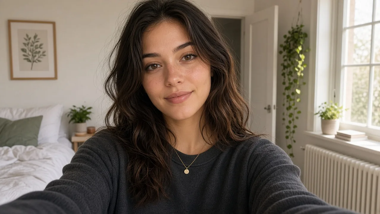 Fictional adult woman taking a clear front-facing selfie in soft window light