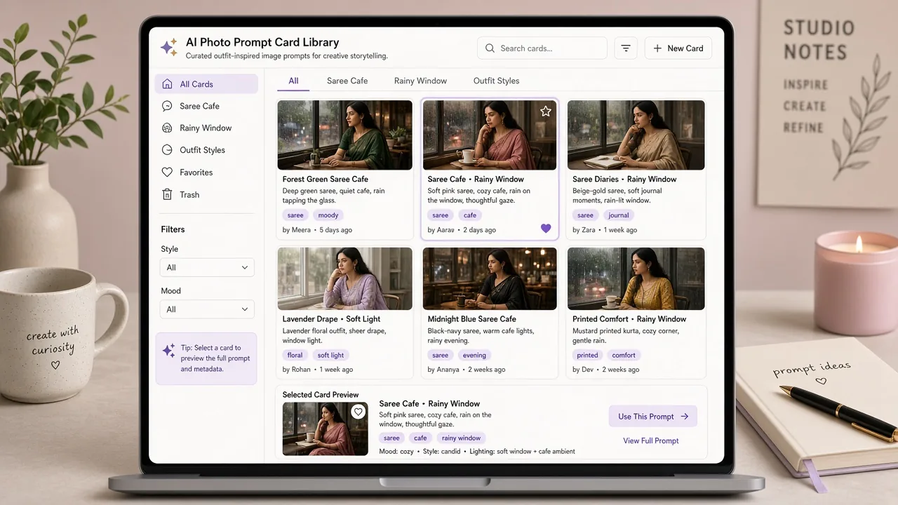 Laptop showing a prompt card library with outfit style cards selected