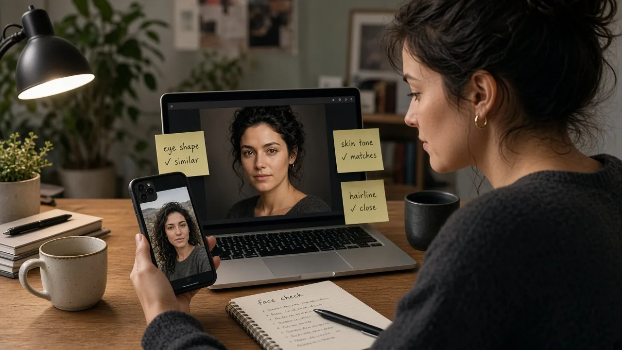 Desk scene comparing a phone selfie to a laptop portrait with face-check notes