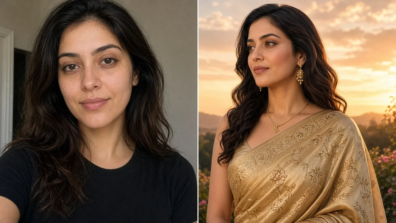 Side-by-side of a plain selfie and a golden-hour saree portrait of the same fictional adult