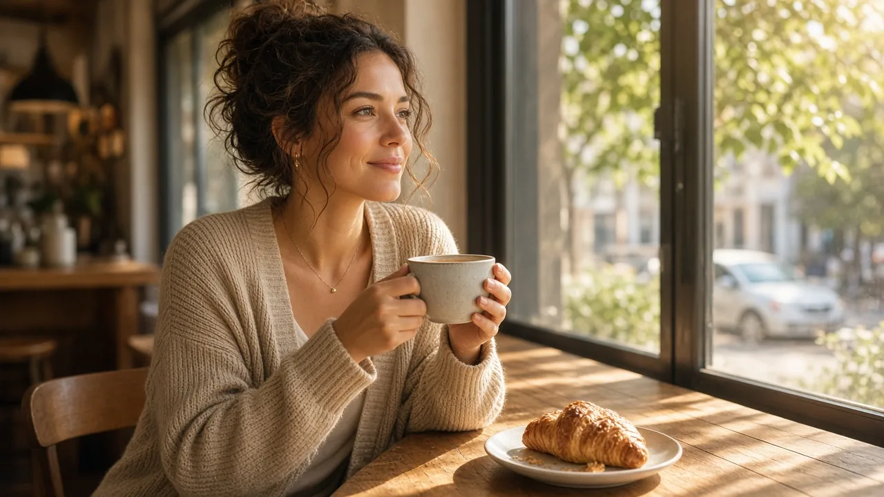 Fictional adult woman in a sunlit café holding a ceramic cup beside a pastry