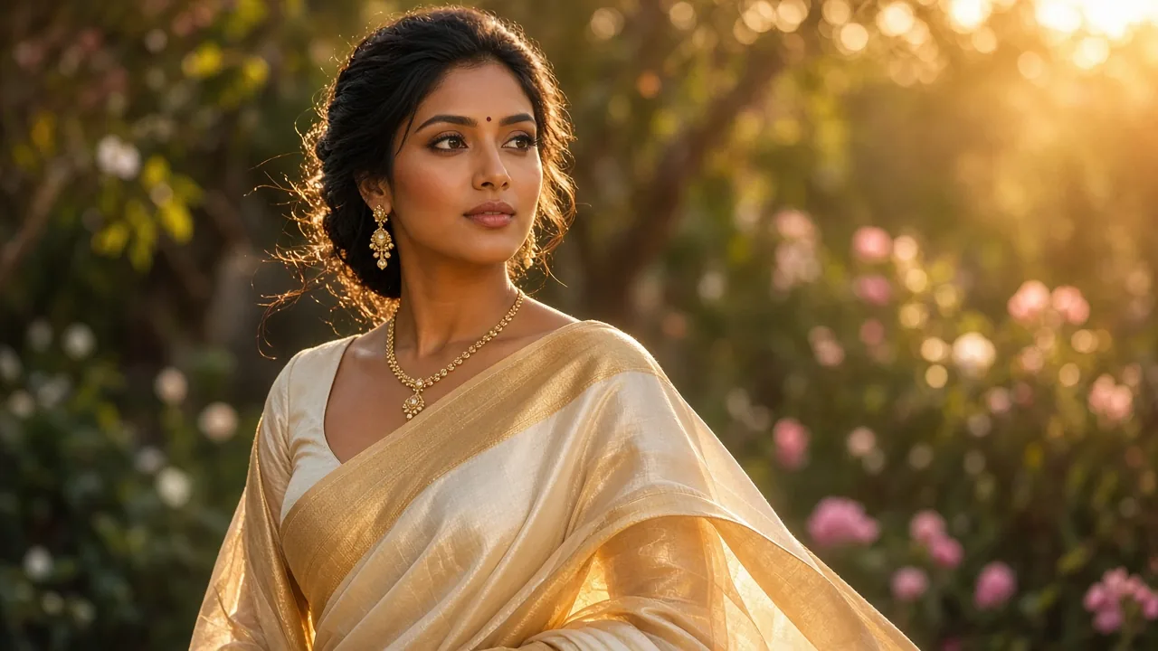 Fictional adult woman in a silk saree lit by warm golden-hour sunlight