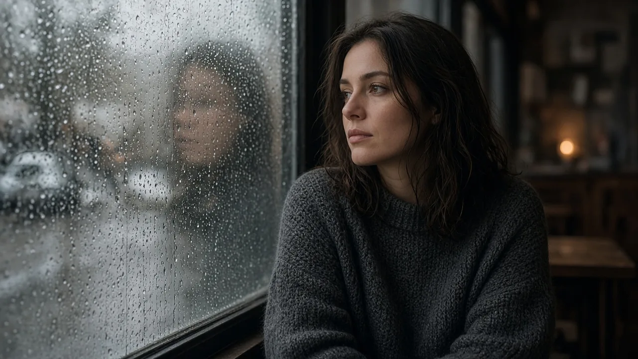 Fictional adult woman by a rainy café window with droplets on the glass