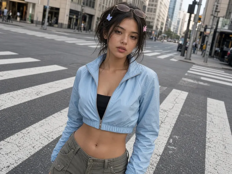 Y2K street look with cropped jacket and butterfly clips