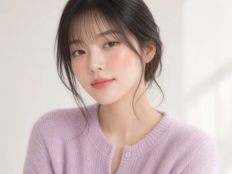 Korean soft glam look in a pastel knit cardigan