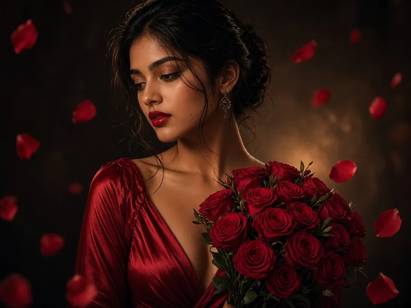 Red rose look with a bouquet and falling petals