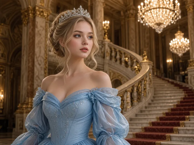 Princess look in a ball gown with a silver tiara
