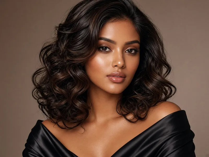 Glam beauty look with satin top and soft contour makeup