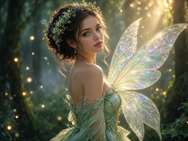 Fairy look with iridescent wings in a misty forest