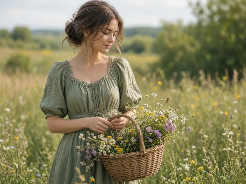 Cottagecore look holding a basket of wildflowers