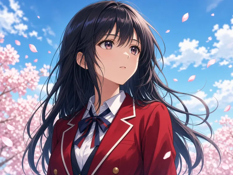 Anime look with cherry blossoms and a red blazer