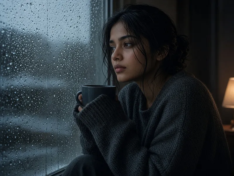 Rainy window look in an oversized knit sweater