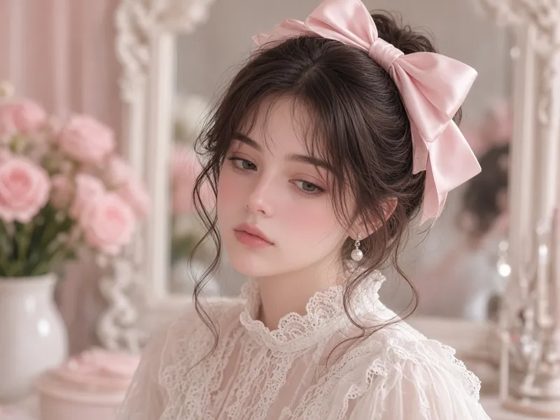 Coquette look with a pink satin bow and lace blouse