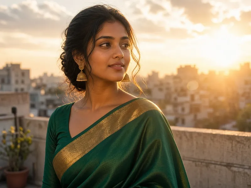 Saree look at golden hour with gold jhumka earrings