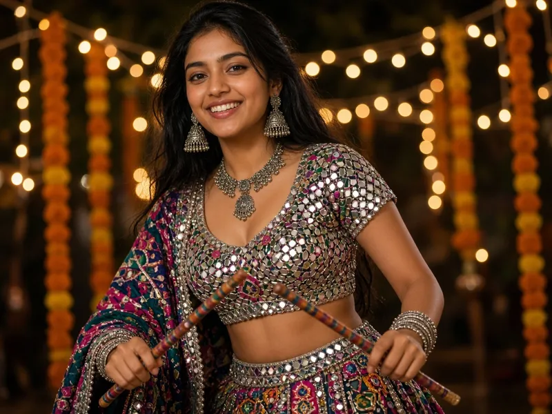 Navratri look in a mirror-work chaniya choli