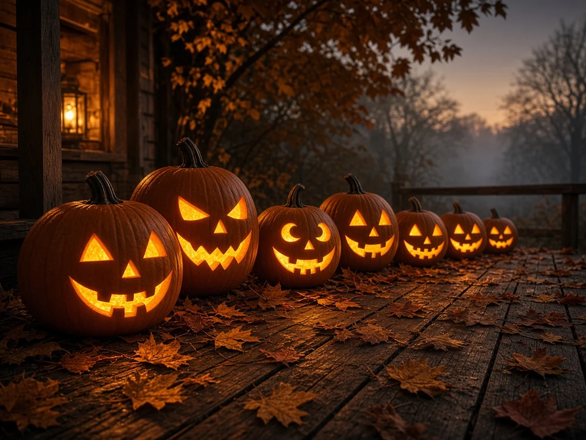 Person with a glowing carved jack-o'-lantern head in an autumn scene