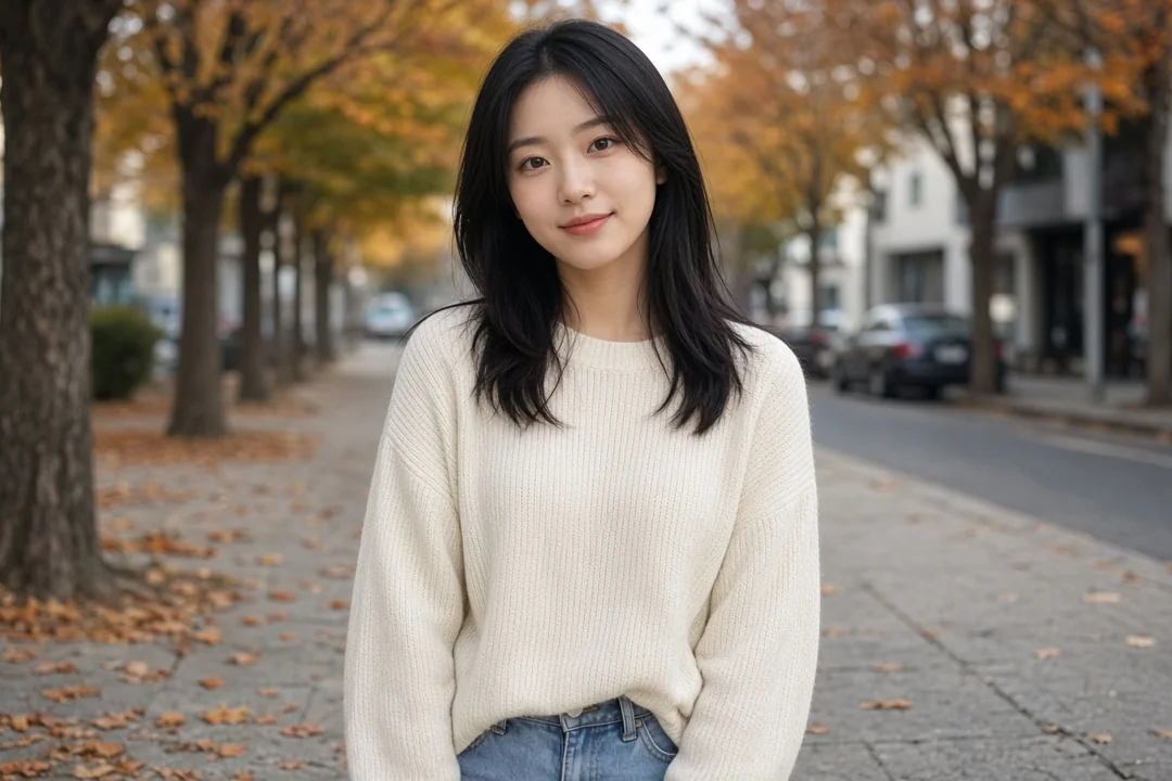 Woman in a cream knit sweater and jeans standing on a tree-lined city sidewalk