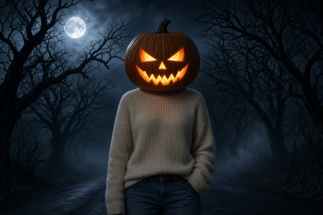 Woman in a cream knit sweater with a carved jack-o'-lantern head glowing bright amber on a foggy tree-lined road under a full moon at night