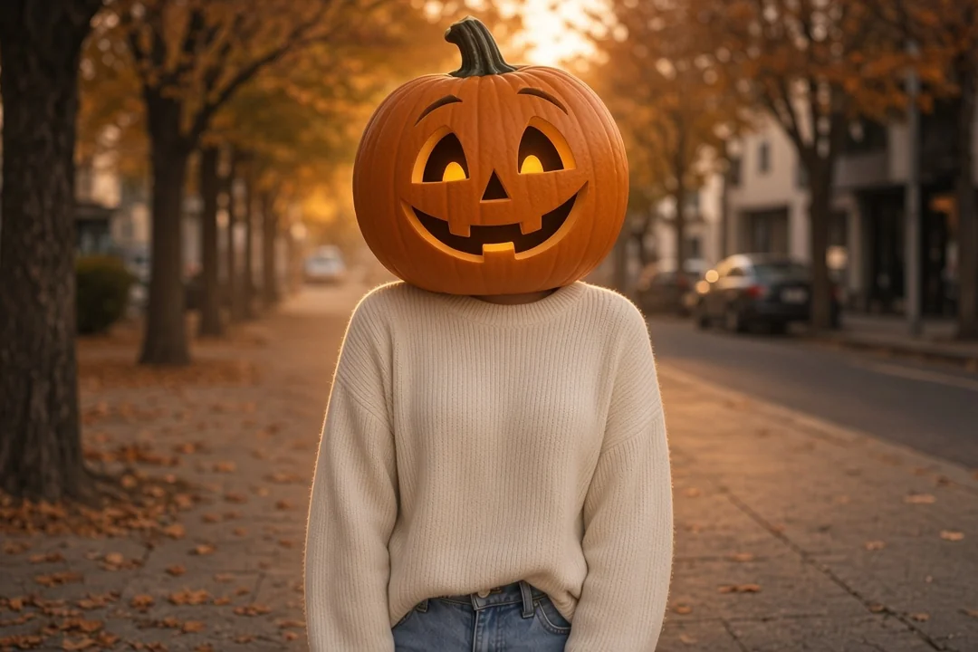 Woman in a cream knit sweater and jeans with a glowing carved pumpkin head on a leafy autumn street